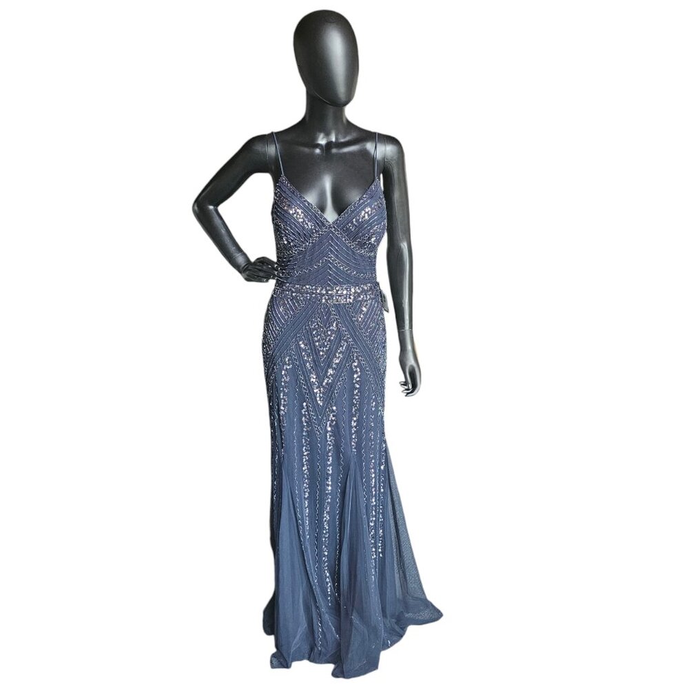Navy Spaghetti Strap Full Beaded Formal Gown
